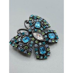 Butterfly Brooch Enhancer Pendant Blue & Green Rhinestones Pin Gunmetal Color