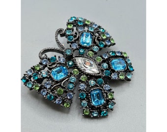 Butterfly Brooch Enhancer Pendant Blue & Green Rhinestones Pin Gunmetal Color
