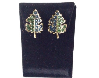 Green and Blue Rhinestones Vintage Earrings Clip On Gold Tone Leaves Design