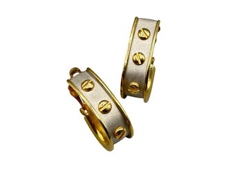 Vintage 80s Clip On Earrings Matte Silver Tone Gold Accents Hoops Style Earrings