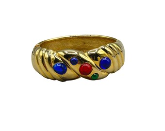 Vintage Gold Tone Hinged Bangle Bracelet with Multicolor Acrylic Cabochons