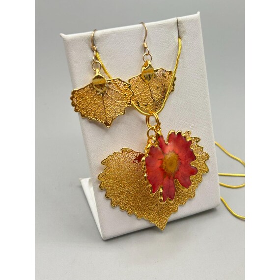 Gold Plated Dipped Leaf Necklace & Earrings Set W… - image 3