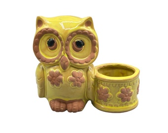 Vintage Small Owl Planter Yellow Glaze Red Clay Pottery Bird Kitsch Home Decor