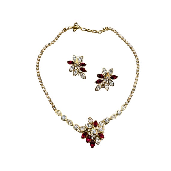 Vtg Monet Necklace and Earrings Set Clear and Red… - image 1