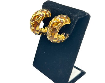 Vintage 90s Earrings Clip On Leopard Animal Print Hoops Gold Tone Brown Enamel