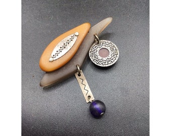 EFFEX Signed Mix Media Brooch Plastic & Metal Boho Handmade Earthy Designer Pin