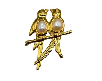 Love Birds Pin Brooch Pair Of Golden Birds With Simulated Pearls Belly