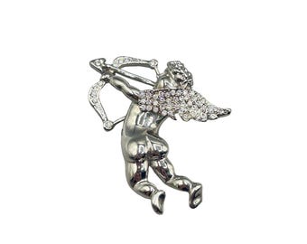 Silver Tone Angel Cupid Pin Brooch Dimensional with Arrow and Rhinestones Wings