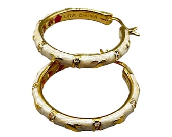 Lauren G Adams LGA Hoops Earrings Gold Tone And Cream Enamel With Crystal Accents