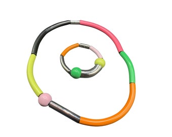 Colorful Necklace & Bracelet Bright Colors Blocks Ball Beads Cylinder Semi Rigid