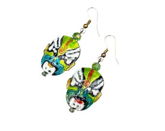 Handcrafted Japanese Opera Mask Cloisonné Earrings with Dangle Hooks