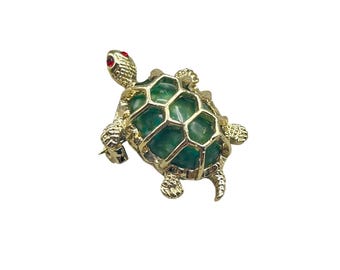 Vintage Turtle Scatter Pin Gold Tone Green Plastic Shell Sea Animal Figural