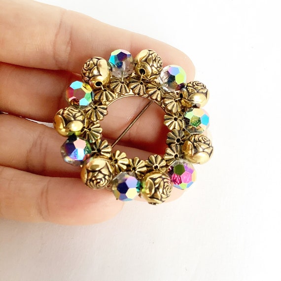 AB glass and roses beaded  wreath brooch aurora b… - image 2
