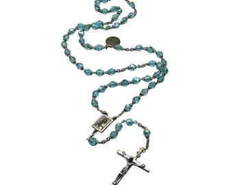 Vintage Blue Aurora Borealis Glass Rosary Religious Catholic Prayer Necklace