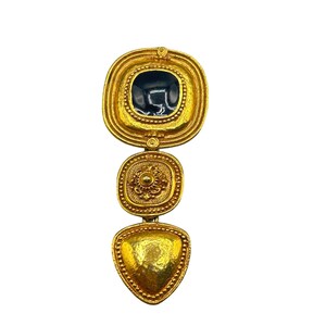 Matte Gold Tone Oversized Pin Brooch Etruscan Revival Geometric Black Enamel