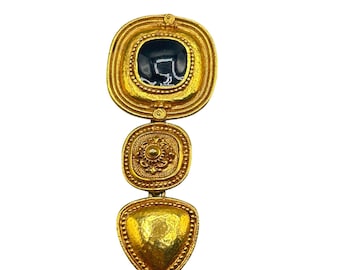 Matte Gold Tone Oversized Pin Brooch Etruscan Revival Geometric Black Enamel