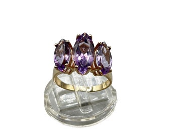 Amethyst Ring Size 8 Gold Over Sterling Silver Triple Stones Elegant 925 Ring