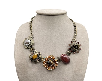 Signed BJV Vintage Style Necklace Assemblage Floral Crystals Statement Jewelry