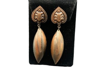 Funky Dangle Earrings Copper Tone Clip On Statement Jewelry Leaf Shape