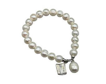 HONORA Beaded Stretch Pearl Bracelet With Letter M Initial M Monogram M Genuine Freshwater Pearls