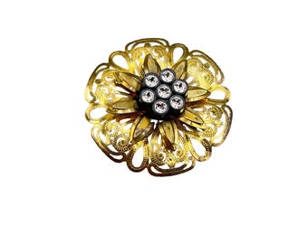 Vintage Gold Tone Flower Brooch with Rhinestone Accents Floral Costume Jewelry