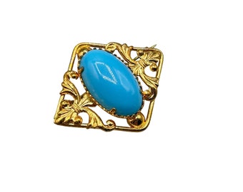 Turquoise Color Glass Pin Brooch Antique Older Vintage Gold Tone Ornate Jewelry