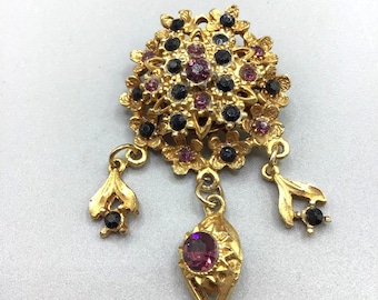 Vintage Dangle Brooch with Rhinestone Antiqued Gold Tone Classic Costume Jewelry