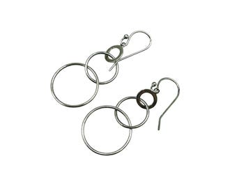 Sterling Silver Intersecting Rings Earrings Triple Circles Drop Dangle Hook