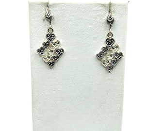 Sterling Silver Dangles Earrings Pierced Hearts With Marcasites Stones