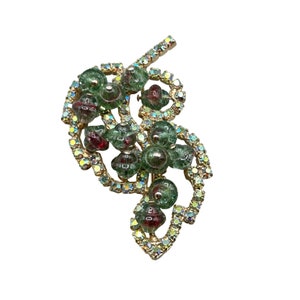 Vintage Rhinestones Pin Brooch Green Art Glass Beads and Aurora Borealis Stones