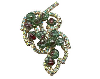Vintage Rhinestones Pin Brooch Green Art Glass Beads and Aurora Borealis Stones