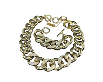 Designer Set Signed IMAN Necklace & Bracelet Set Chunky Cuban Chain Gold Tone