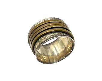 Spinner Vintage Two Tone Fidget Ring Size 8 Sterling Silver and Brass