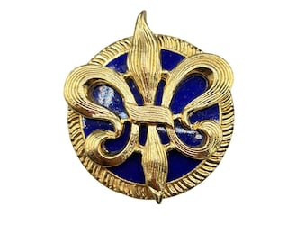 Vintage Fleur-De-Lis Brooch Gold-Toned Metal Royal Blue Enamel