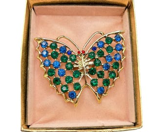 Vintage Butterfly Pin Brooch In Original Box Blue Green Rhinestones Gold Tone