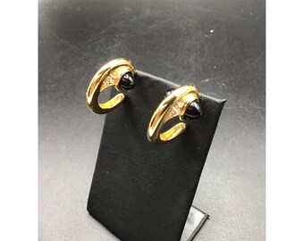 Jesara Signed Fancy Hoops Earrings Gold Tone & Black Bullet Cabochons Tiny Studs