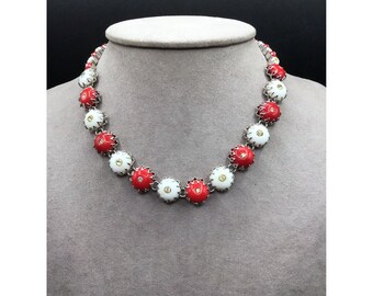 Red White Unusual Choker Necklace Small & Big Glass Stones with Rhinestones