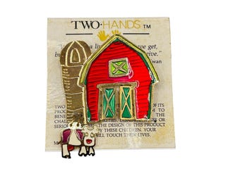 Vintage Red Barn & Cow Brooch Pin New Old Stock Two Hands Brand Farm House Pin