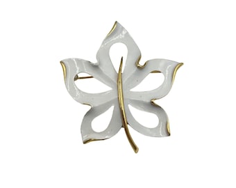 Signed NAPIER Leaf Brooch White Enamel Pin Designer Signed Costume Jewelry