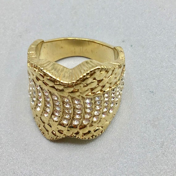 Gold Tone Rhinestones Pave Ring Size 8 Wide Waved… - image 3