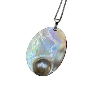 Blister Pearl Pendant Necklace Silver Tone Chain Large Oval Mother Of Pearl Shell