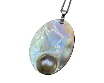 Blister Pearl Pendant Necklace Silver Tone Chain Large Oval Mother Of Pearl Shell
