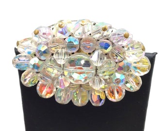 Vintage Cluster Beads Brooch AB Crystals Layered Oval Clear Beads Fancy Jewelry