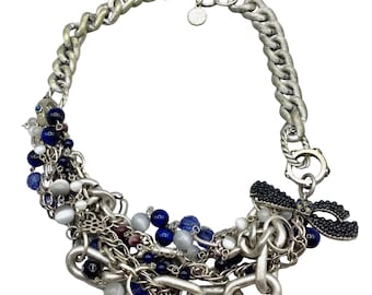 Jessica Simpson Necklace Silver Tone 90s Chunky Multi-Chain with Blue Beads Bow