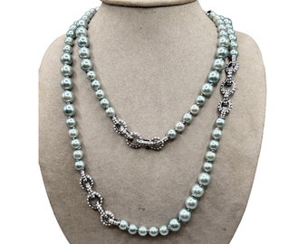 Vintage Anne Klein Grey Pearl Beads Necklace Long Single Strand Rhinestone Links