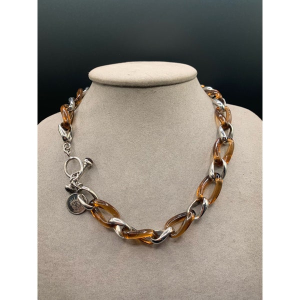 Angelique De Paris Signed Sterling Silver chain necklace Toggle Clasp with Tortoise resin links