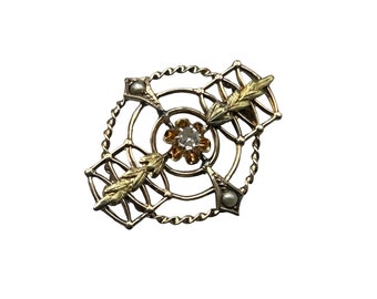 14K Gold & Diamond Petite Pin Antique Small Delicate Jewelry with Seed Pearls
