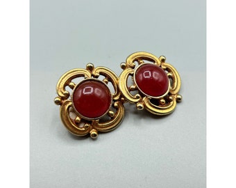 Signed DAUPLAISE Clip On Earrings Gold Tone and Glass Carnelian Color Cabochons