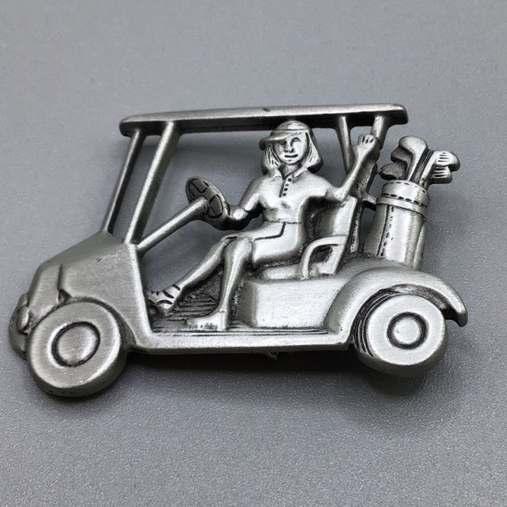 JJ Golf Cart Brooch Pewter Metal Lady Golfer Pin … - image 2
