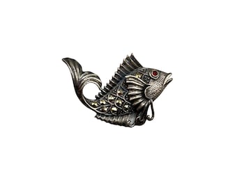 Vintage Sterling Silver Koi Fish Pisces Pin Brooch 925 with Marcasite Detailing